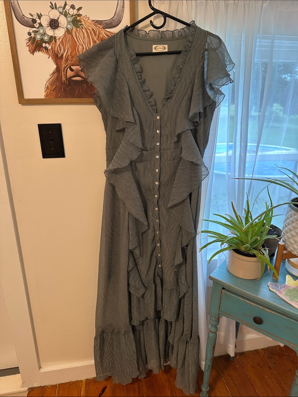 Joyfolie Cass Dress in Island Sage Ruffle-Front Maxi Dress